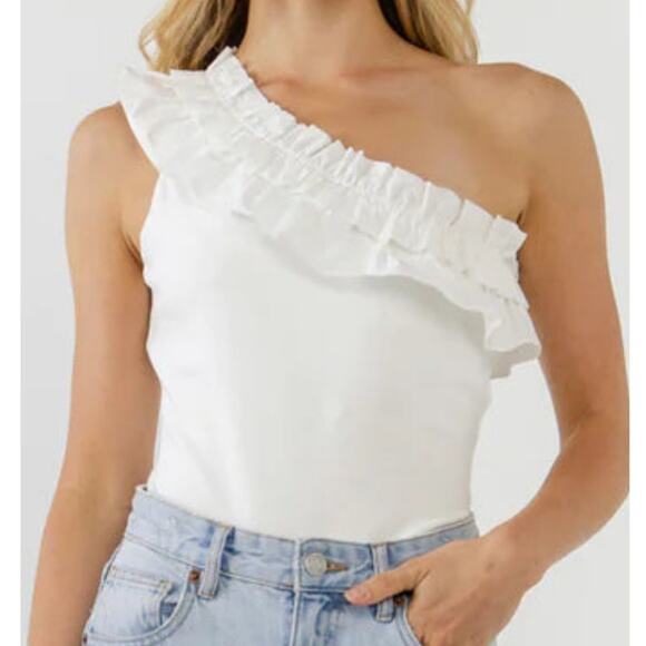 NWT Endless Rose White Ruffle Bodysuit White Size Extra Small One Shoulder - Picture 1 of 5